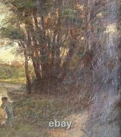Impressionist Scene with Fisher Landscape Nature Antique Original Oil, Framed
