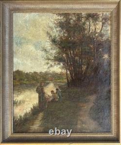 Impressionist Scene with Fisher Landscape Nature Antique Original Oil, Framed