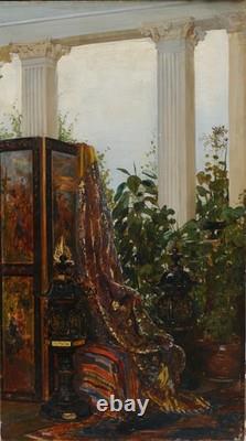 Intérieur oriental, paravent tapis colonne parfum. Paul Henri BREHAM (1850-1933)