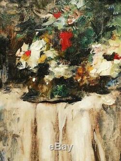 Jean LAUDY peintre belge tableau nature morte fleurs nappe table Art Déco huile