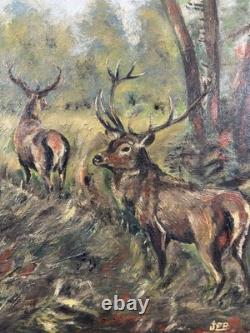 Jean-Pierre PESSOT (1965) huile sur panneau à l'orée du bois cerf chasse