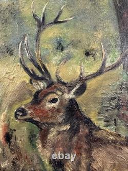Jean-Pierre PESSOT (1965) huile sur panneau à l'orée du bois cerf chasse