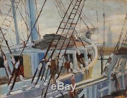 Jeanne DUBUT tableau marine Vue ROUEN port pont bateau voilier huile paysage