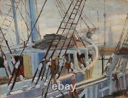 Jeanne DUBUT tableau marine vue ROUEN port pont bateau voilier huile paysage art