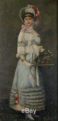 Jeune femme à l'éventail, 1883, Huile sur Bois, Signé à identifier