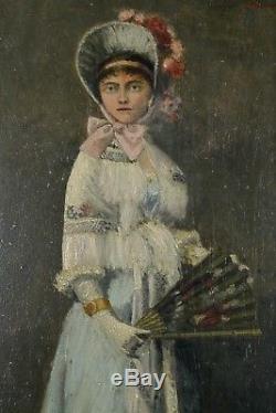 Jeune femme à l'éventail, 1883, Huile sur Bois, Signé à identifier