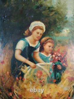 Jolie Peinture Slaves/ Ovale Huile Sur Bois Lacqué Cueillette De Fleurs/46×34cm