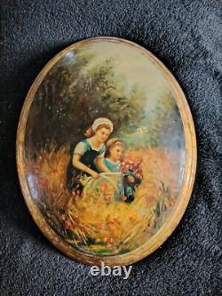 Jolie Peinture Slaves/ Ovale Huile Sur Bois Lacqué Cueillette De Fleurs/46×34cm