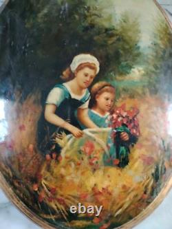 Jolie Peinture Slaves/ Ovale Huile Sur Bois Lacqué Cueillette De Fleurs/46×34cm