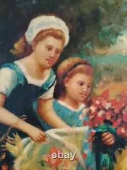 Jolie Peinture Slaves/ Ovale Huile Sur Bois Lacqué Cueillette De Fleurs/46×34cm