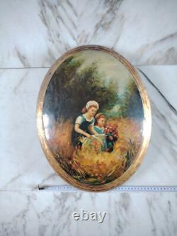 Jolie Peinture Slaves/ Ovale Huile Sur Bois Lacqué Cueillette De Fleurs/46×34cm