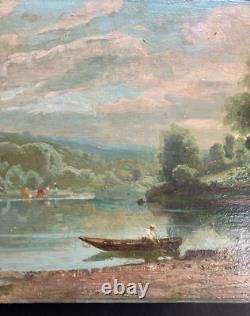 Joseph MILLION Paysage à la barque Huile sur panneau signée