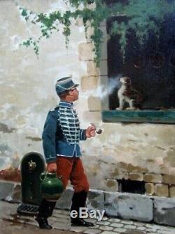 Jules Monge 1855-1934. Charmant Tableau. Un Soldat De 14-18 Jouant Avec Un Chat