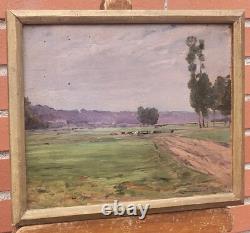 KARL CARTIER 1855-1925 PAYSAGE CAMPAGNE. PEINTURE HUILE SUR PANNEAU BOIS XlX°