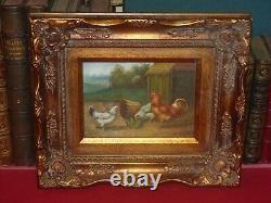 LA VIE A LA CAMPAGNE POULES & COQ JOLI PETIT TABLEAU SUR BOIS Signé HENRY