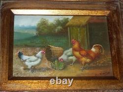 LA VIE A LA CAMPAGNE POULES & COQ JOLI PETIT TABLEAU SUR BOIS Signé HENRY