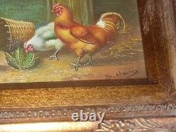 LA VIE A LA CAMPAGNE POULES & COQ JOLI PETIT TABLEAU SUR BOIS Signé HENRY