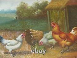 LA VIE A LA CAMPAGNE POULES & COQ JOLI PETIT TABLEAU SUR BOIS Signé HENRY