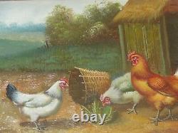 LA VIE A LA CAMPAGNE POULES & COQ JOLI PETIT TABLEAU SUR BOIS Signé HENRY