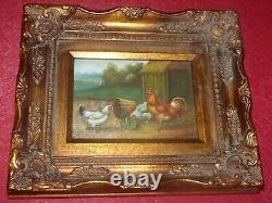 LA VIE A LA CAMPAGNE POULES & COQ JOLI PETIT TABLEAU SUR BOIS Signé HENRY