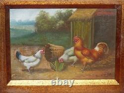 LA VIE A LA CAMPAGNE POULES & COQ JOLI PETIT TABLEAU SUR BOIS Signé HENRY