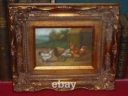LA VIE A LA CAMPAGNE POULES & COQ JOLI PETIT TABLEAU SUR BOIS Signé HENRY