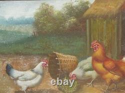 LA VIE A LA CAMPAGNE POULES & COQ JOLI PETIT TABLEAU SUR BOIS Signé HENRY