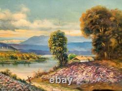 LOUIS ROGER. Paysage Bord de Rivière. Peinture huile sur panneau de bois