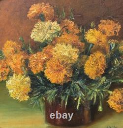 L BILLY. Bouquet de Fleurs Peinture huile sur panneau de bois