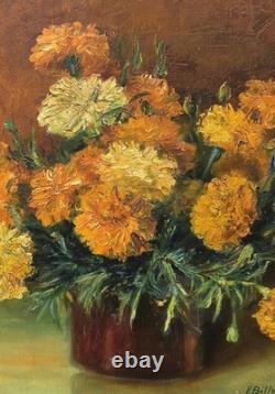 L BILLY. Bouquet de Fleurs Peinture huile sur panneau de bois