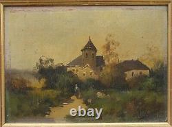 L. DUPUY Paysage et eglise, foret, campagne, barbizon, arbre