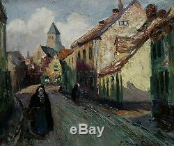 La Bretagne Des Peintres Impressionnistes 1930. Rue Animée De Village. Signé