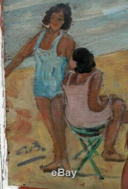 Lalgérie Des Peintres 1950. Grand & Beau Tableau. Plage Animée A Alger. C. B