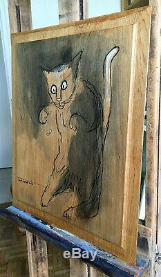Le chat chasseur (de moucherons) Pigment et encaustique sur bois 47 cm x 55 cm