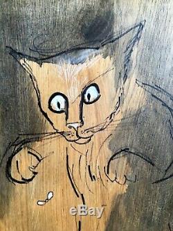 Le chat chasseur (de moucherons) Pigment et encaustique sur bois 47 cm x 55 cm