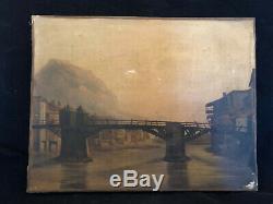 Le vieux pont de bois sur l'Isère à Grenoble Huile sur Papier Marouflé sur Toile