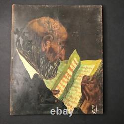 Lecture sur bois signé à déchiffrer VIEL HOMME LISANT tableau peinture antique