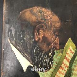 Lecture sur bois signé à déchiffrer VIEL HOMME LISANT tableau peinture antique