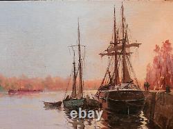 Léon ZEYTLINE peintre russe tableau paysage marine bateau quai fleuve bateaux