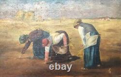 Les Glaneuses d'après Jean- François Millet peinture sur bois XIXe monogramme