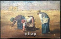 Les Glaneuses d'après Jean- François Millet peinture sur bois XIXe monogramme