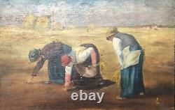 Les Glaneuses d'après Jean- François Millet peinture sur bois XIXe monogramme