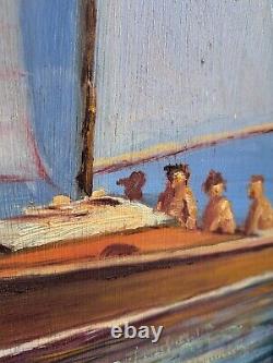 Longé. P huile sur bois marine voiliers marins décoration 1958 vintage vacances