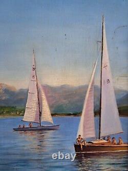 Longé. P huile sur bois marine voiliers marins décoration 1958 vintage vacances
