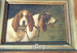 Louis Darey (1863-1914) couple de griffons chasse chien huile sur bois signée