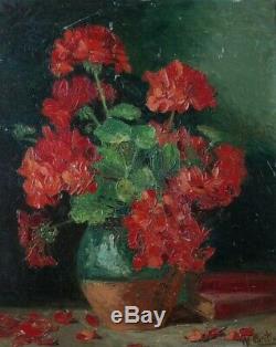 Lumineuse & Puissante Peinture 1900. Nature-morte Aux Géraniums Rouges. Martin