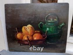 MAGNIFIQUE Peinture huile sur bois nature morte aux oranges, gargoulette, cuivre