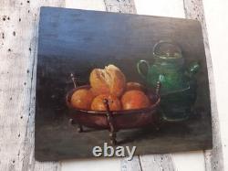 MAGNIFIQUE Peinture huile sur bois nature morte aux oranges, gargoulette, cuivre