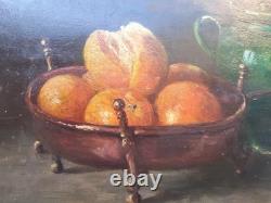 MAGNIFIQUE Peinture huile sur bois nature morte aux oranges, gargoulette, cuivre