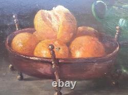 MAGNIFIQUE Peinture huile sur bois nature morte aux oranges, gargoulette, cuivre
